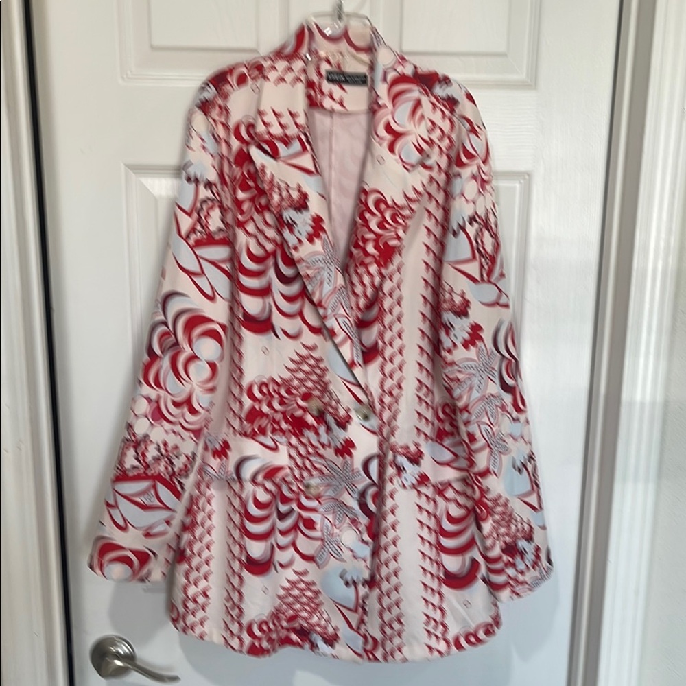 SHEIN Red and White Blazer with Bold Floral Design
